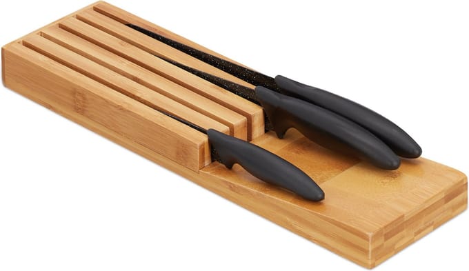 messenblok bamboe - voor 5 messen - voor lade - 3,5 x 11 x 39 cm