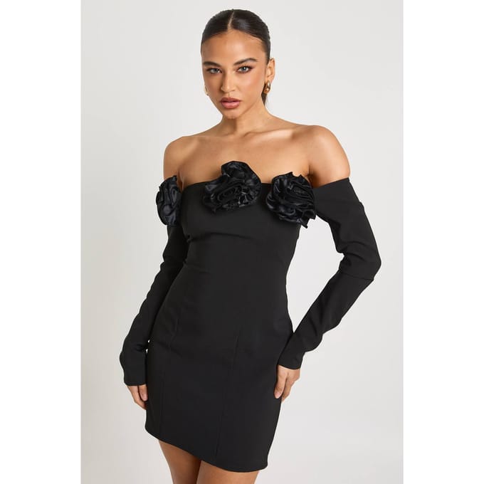 boohoo Dames Mini Jurk met rozendetail en lange mouwen | Zwart | Maat: 36