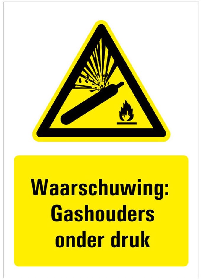 Waarschuwing voor gashouders onder druk sticker met tekst 148 x 210 mm