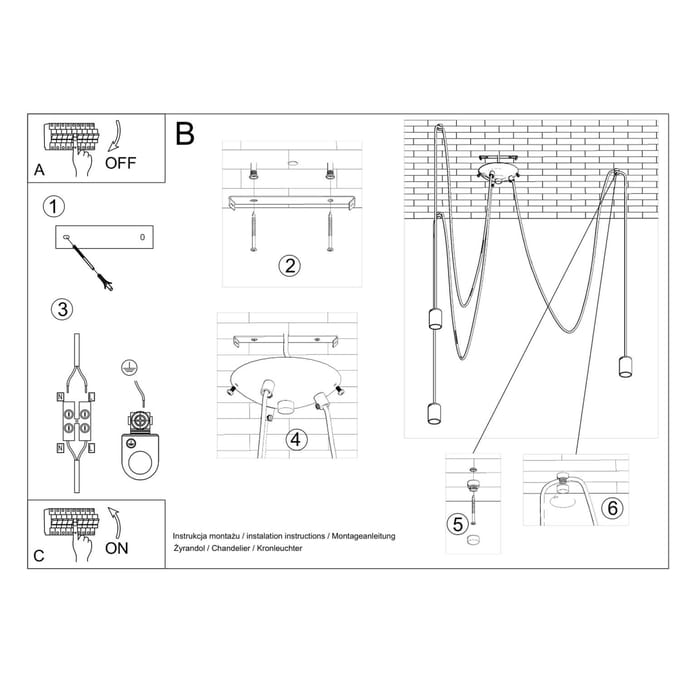 Kroonluchter EDISON 3 met 3 lange gevlochten kabels - Sollux Lighting - IP20 - Zwart stof/staal behuizing - 300 x 300 x 150 cm - 3 x E27 LED, exclusief lichtbron - 3 x 15 W - Industriële kroonluchter voor woonkamer, slaapkamer en eetkamer