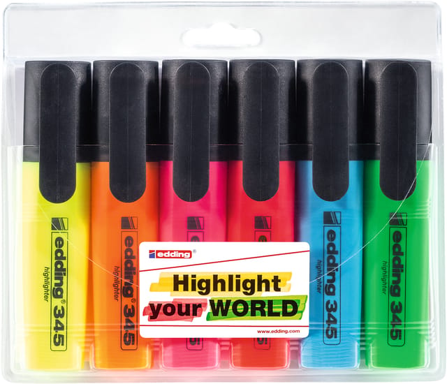 edding 345 highlighter - set van 6 - beitelpunt 2-5 mm - ideaal voor heldere markeringen en accentuering van tekstfragmenten en notities