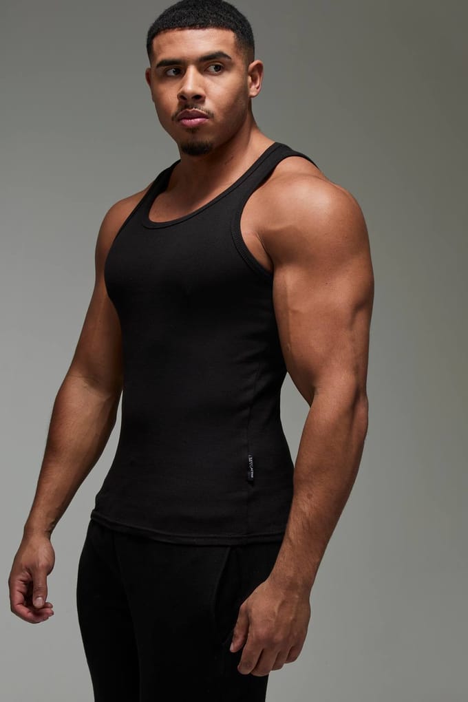 Men's Active Gym Muscle Fit Ribbed Vest | Black | Size Medium