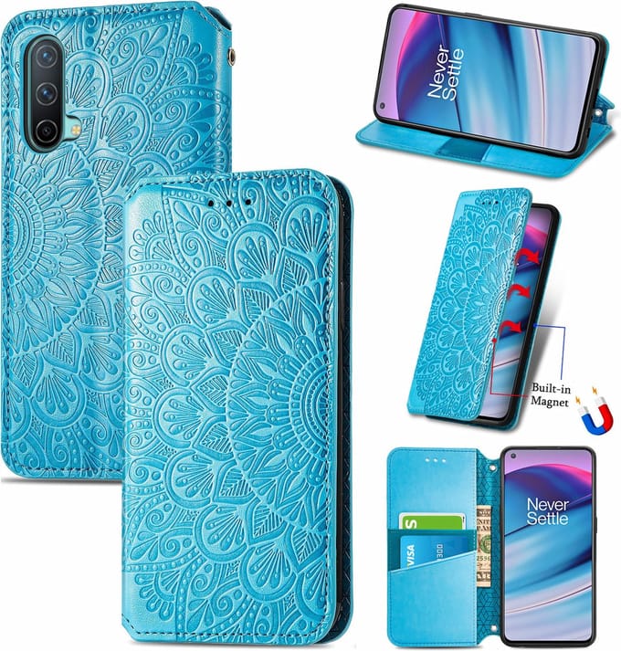 Luxe PU Lederen Blooming Mandala Reliëfpatroon Wallet Case + PMMA Screenprotector voor OnePlus Nord CE 5G _ Blauw