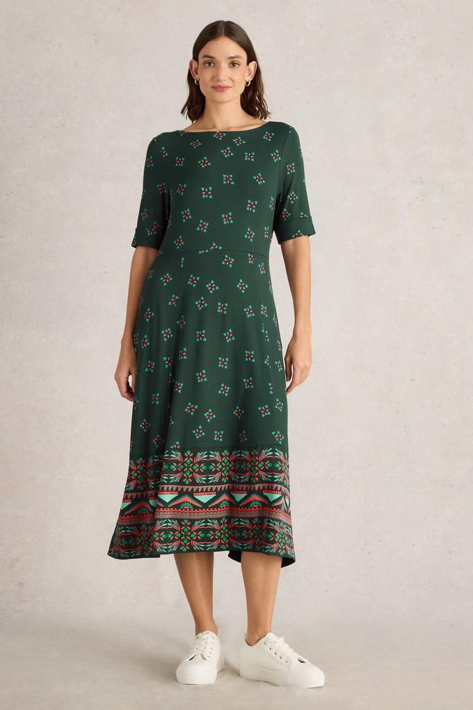 White Stuff Millie Jersey Dress Green Print Größe: 10 REGULAR | Midikleider Outlet | Damen | Grün