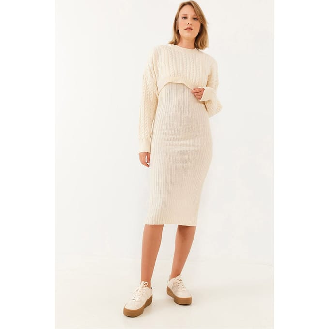 Geribbelde Gebreide Co-Ord Set met Ronde Hals