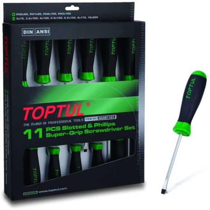 Sleuf+Kruissleuf Schroevendrehersatz TOPTUL 11Stk 3.0 3.5 4.0 5.5 6.5