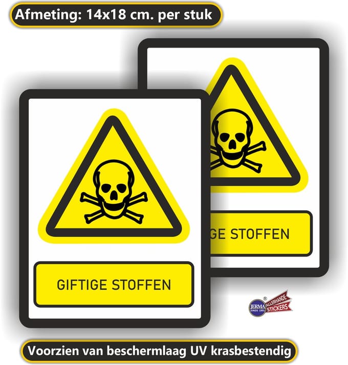 Jerma - Doodshoofd giftige stoffen - Stickers - 2 st - 14 x 18 cm - Weerbestendig - Zelfklevend