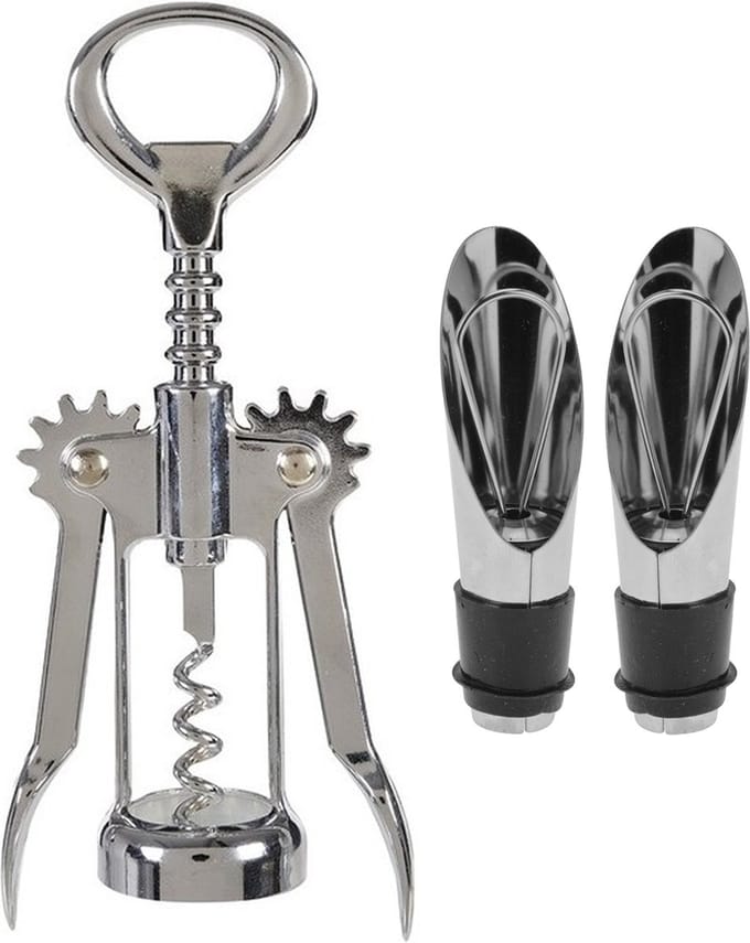 Hevel kurkentrekker/flessenopener rvs met 2x afsluit/schenk doppen