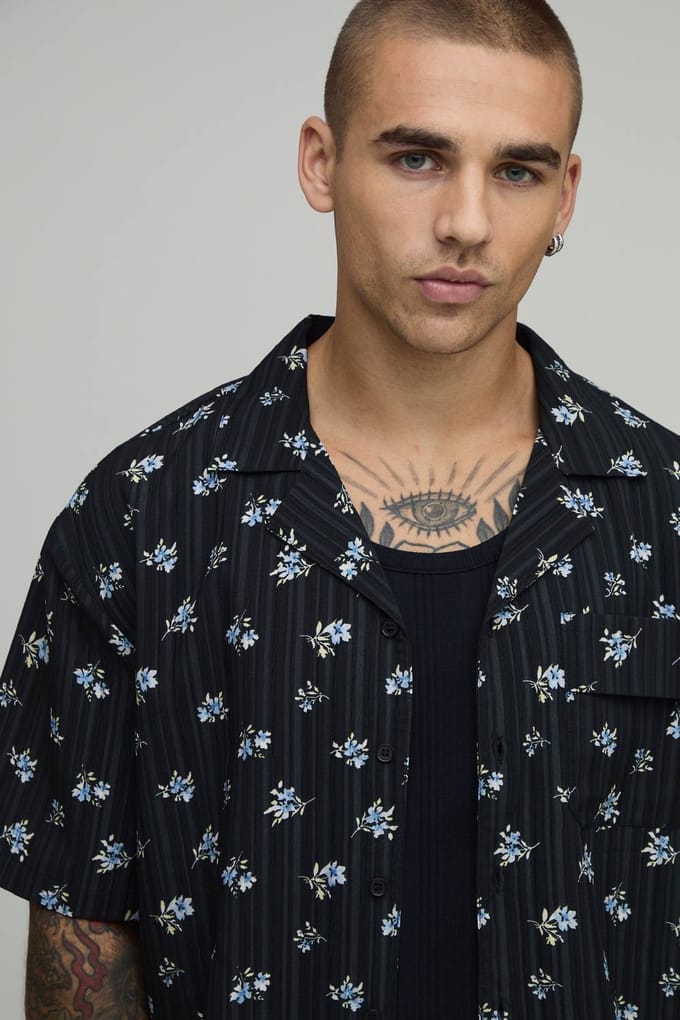 Oversized Overhemd Met Gestructureerde Bloemenprint | Black | Size XS