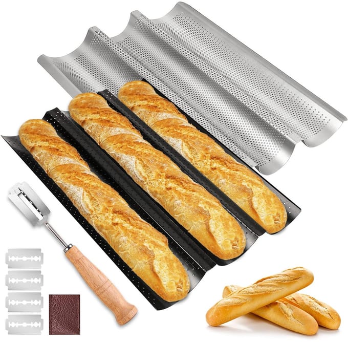 Ibenzoa® Set van twee bakvormen voor drie knapperige baguettes met bakkersmes