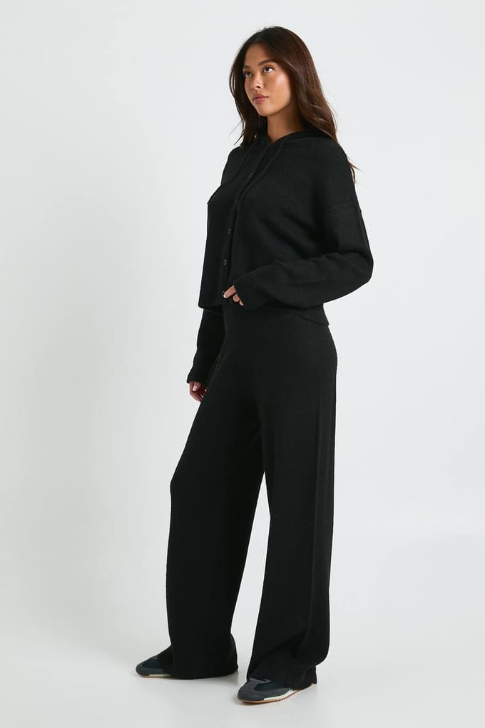 boohoo Dames Gebreide oversized button-through hoody en wijde pijp broek | Black | Maat: Large