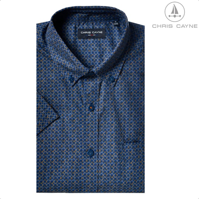Chris Cayne overhemd - L - korte mouwen - blauw/lichtblauw/pompoen - borstzak - digitale print - Katoen - button down kraag