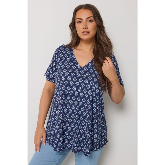 Yours Blauwe Swingtop Met Bloemenprint Size 42