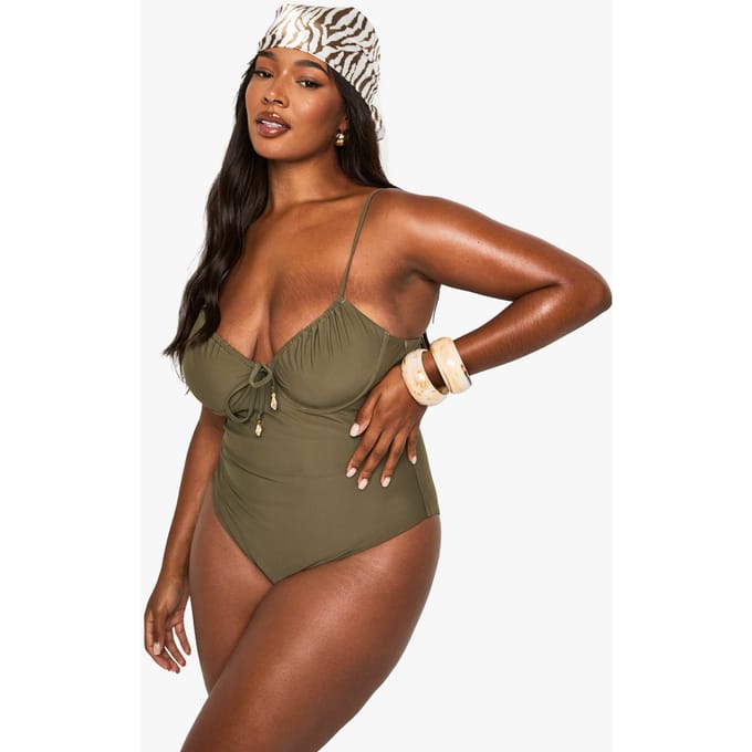 boohoo Dames Plus Shell Trim Gerimpte Cup Onderbeugel Badpak | Khaki | Maat: 26