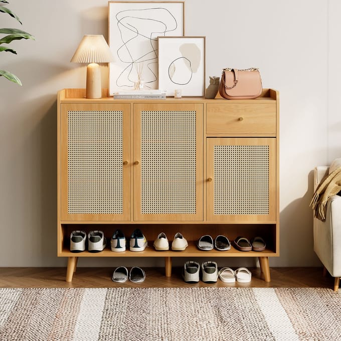 Schoenenkast - Rotan met 3 deuren, lade & 5 planken - 120x35x106 cm