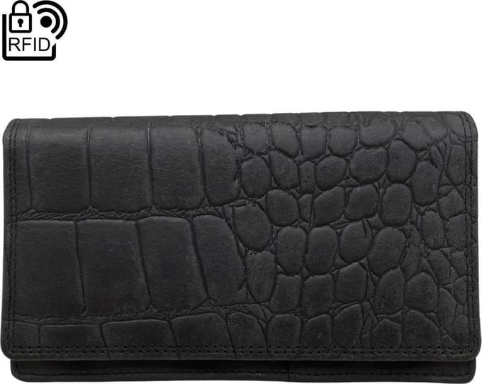 Lederen dames portemonnee - Zwart - RFID - Croco print – Dames portemonnee leer met crocoprint