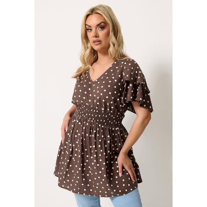Yours Chocoladebruine Top Met Stippen En Fladdermouwen Size 46
