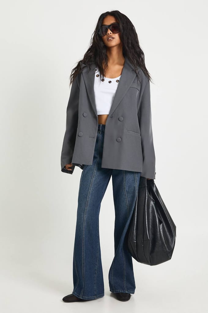 boohoo Dames Dubbelgevouwen Relaxed Fit Op Maat Gemaakte Blazer | Houtskool | Maat: 36