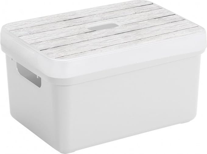 Sunware opslagbox - 13 liter - wit - kunststof - 35 x 25 x 18 cm - met afsluitbare deksel in houtnerf print