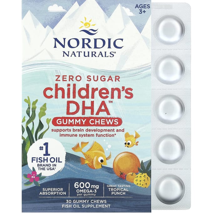 Nordic Naturals, Gommes à mâcher DHA pour enfants, 3 ans et plus, Punch tropical, 600 mg, 30 gommes