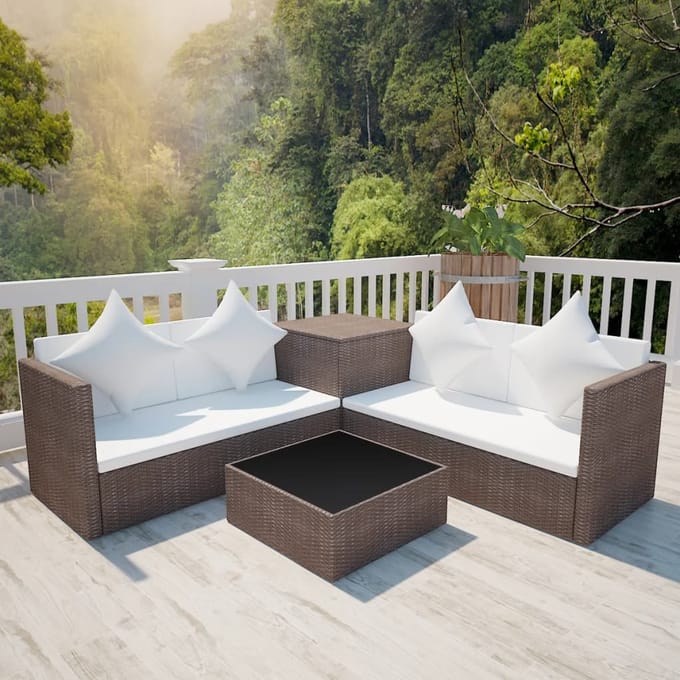 vidaXL - 4-delige - Loungeset - met - kussens - poly - rattan - bruin
