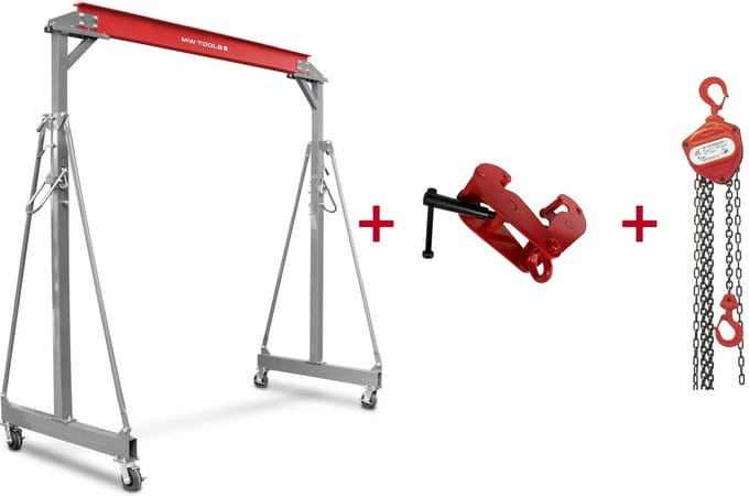 Portaalkraan 1T + kettingtakel en balkenklem MW Tools PTLK1-SET1000C