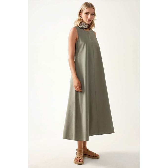 Mixray Collectie Crew Neck Mouwloos A-Lijn Maxi Jurk
