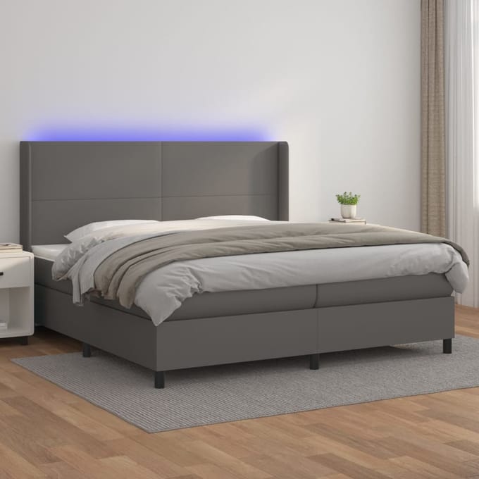 vidaXL - Boxspring - met - matras - en - LED - kunstleer - grijs - 200x200 - cm