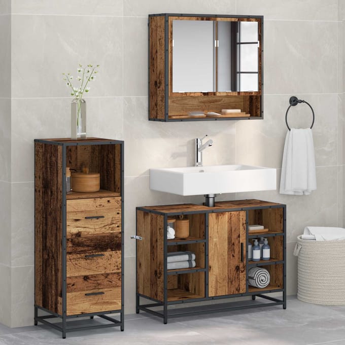 Ensemble de meubles de salle de bain avec tiroirs 3 pièces Panneaux de particules Bois de récupération