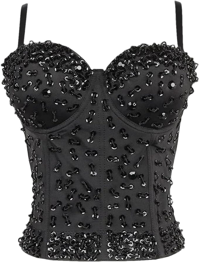 Dames Corset - Glitter Top - Avondfeest - Strass Decoratie - Maat M - Zwart