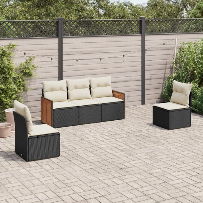 vidaXL - 5-delige - Loungeset - met - kussens - poly - rattan - zwart