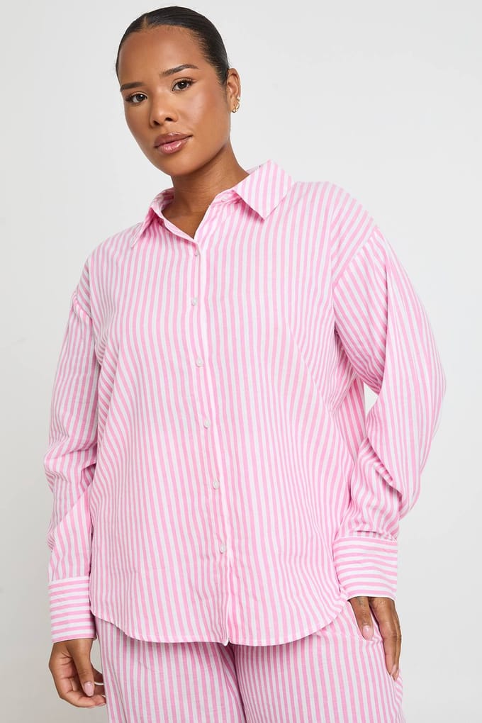 boohoo Dames Plus Katoenen Oversized Pyjamahemd Met Krijtstreep | Roze | Maat: 44