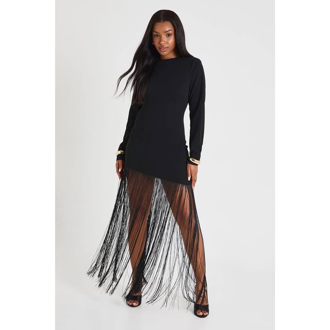 boohoo Dames MINI-JURK MET SCHOUDELVULLING EN FRANJES | Zwart | Maat: 36