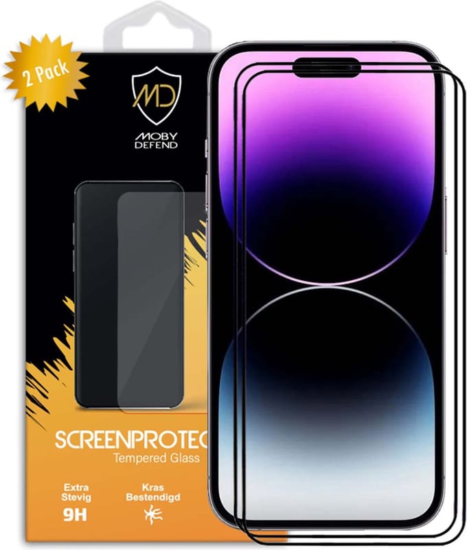 2-Pack MobyDefend Screenprotectors - Geschikt voor iPhone 14 Pro - Screensavers Met Zwarte Randen - Gehard Glas