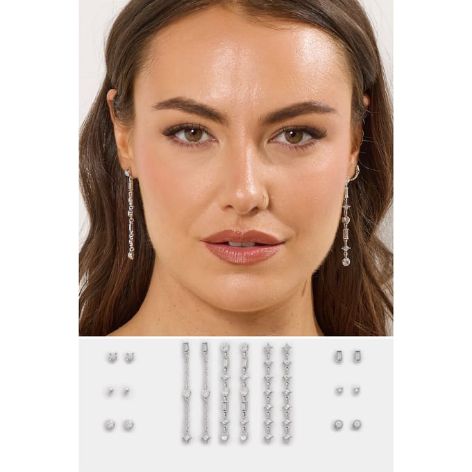 Yours 9Pack Zilverkleurige Diamanten Gemengde Oorbellensize One Size