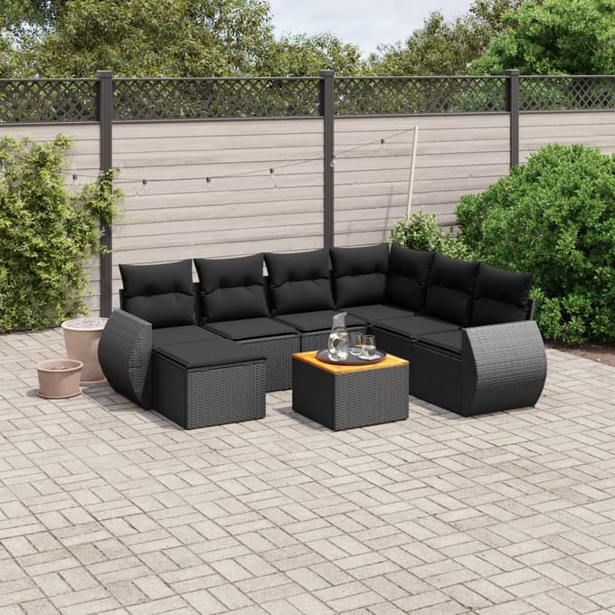 vidaXL - 8-delige - Loungeset - met - kussens - poly - rattan - zwart