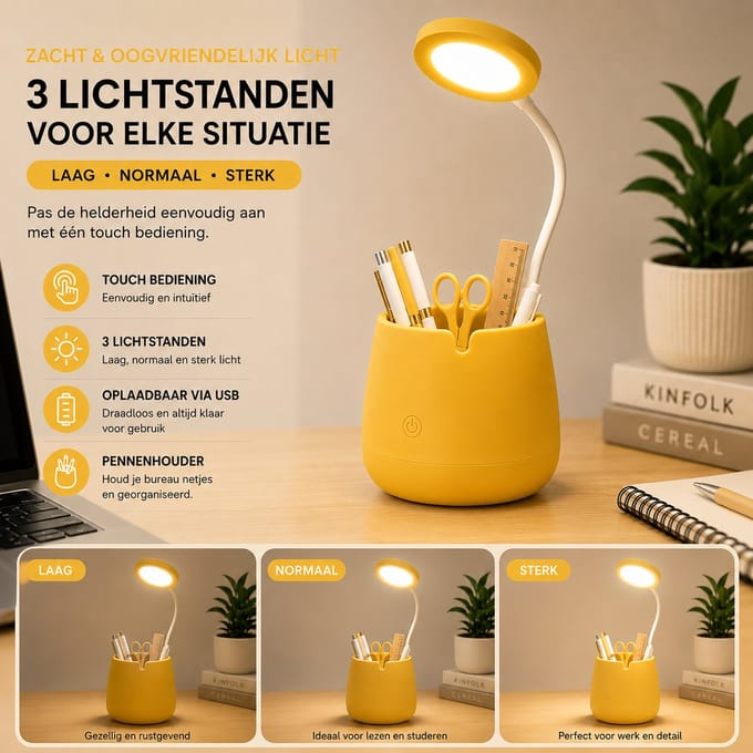 LED Bureaulamp met Pennenhouder – Draadloos – USB Oplaadbaar – Touch Bediening – Geel