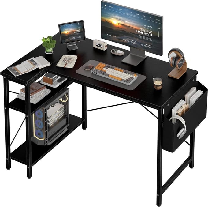 L-vormig bureau - Hoekbureau computer - Thuiswerken studeren - Omkeerbare planken - 40 inch - Zwart
