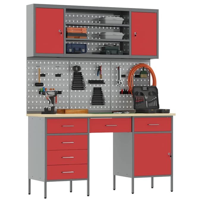 vidaXL - Werk - Cabinet - met - lade - 7 - st - Rood - Engineered - hout - en - staal