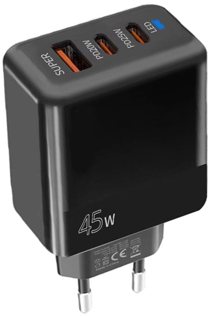 45W Snellader met PD3.0 / PPS - USB-C (Type-C) + QC 3.0 USB - Oplader Adapter - Geschikt voor telefoons, tablets etc. - zwart