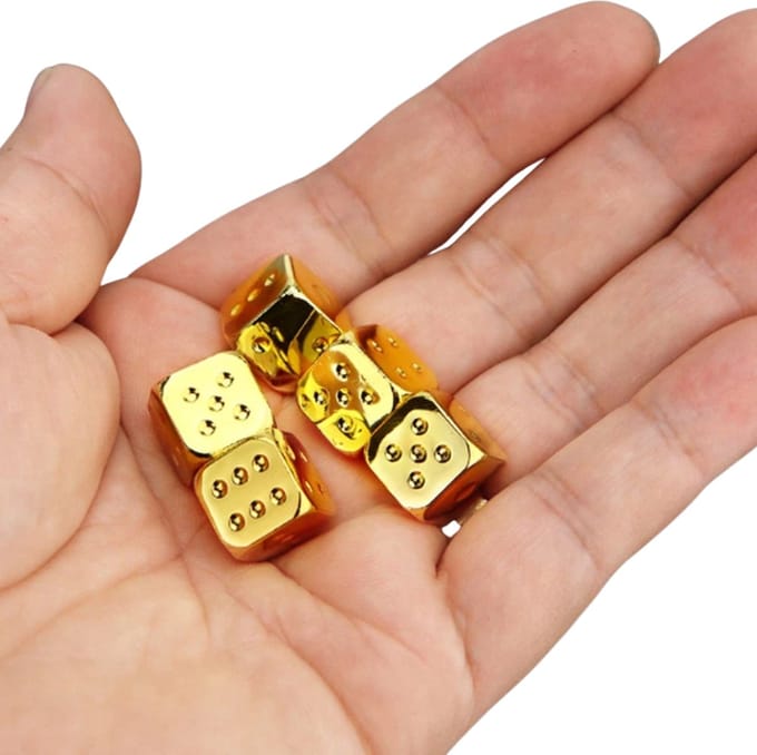 Dobbelstenen in zakje - Massief & Zwaar - Set van 5 - Gouden Kleur