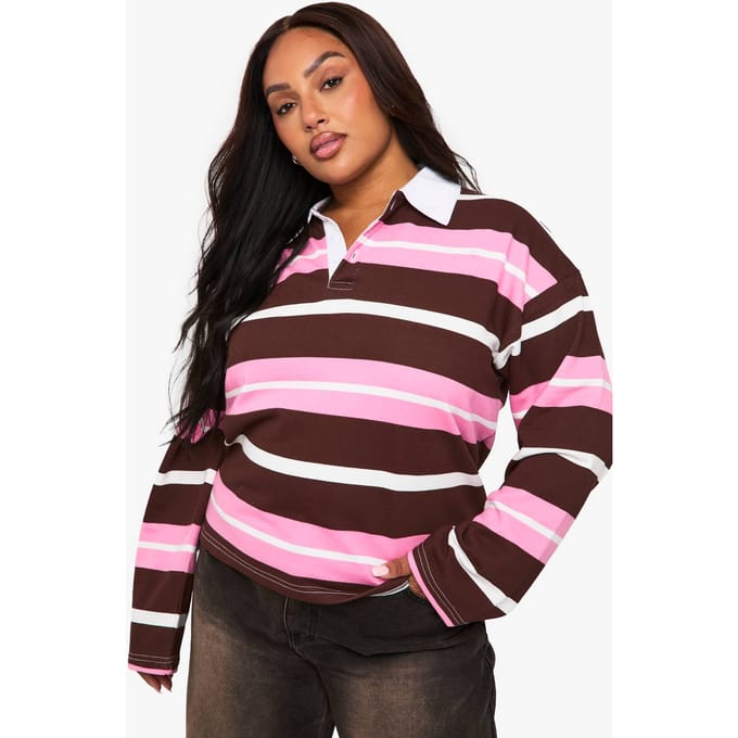 boohoo Dames Plus Breedgestreepte Rugbyshirt | Bordeaux Rood | Maat: 48
