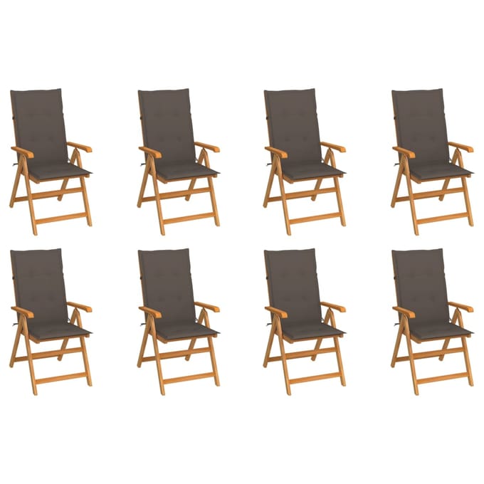 vidaXL - Verstelbare - klapstoelen - met - kussens, - 8 - stuks, - massief - teakhout