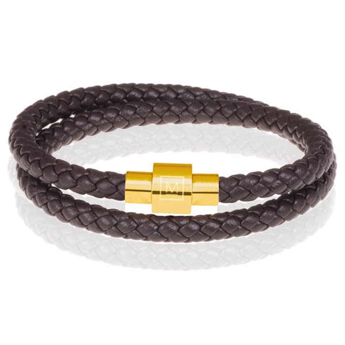 Memphis leren wrap armband Donkerbruin Goudkleurig-24cm