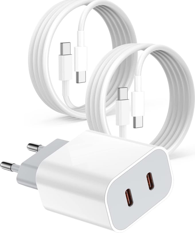 USB-C Lader + 2x USB C Kabel - 2 Meter Oplaadkabel Type C - Geschikt voor Pixel, S24,S23,S22, A54, A25, A14, A05s - Snellader - GaN Tech - 2 Poorten - Wit