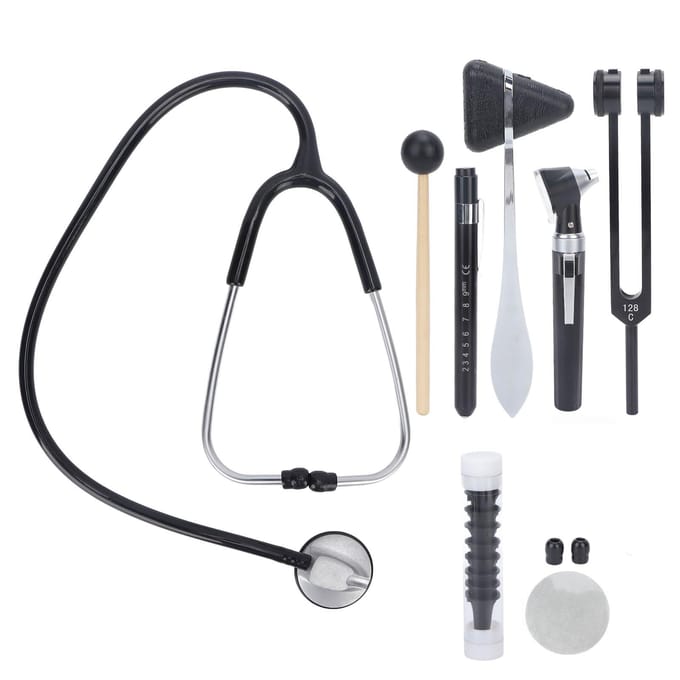 Medische Diagnostische Set Otoscoop Stethoscoop Stemvork Reflex Percussie Kit met Opbergtas black