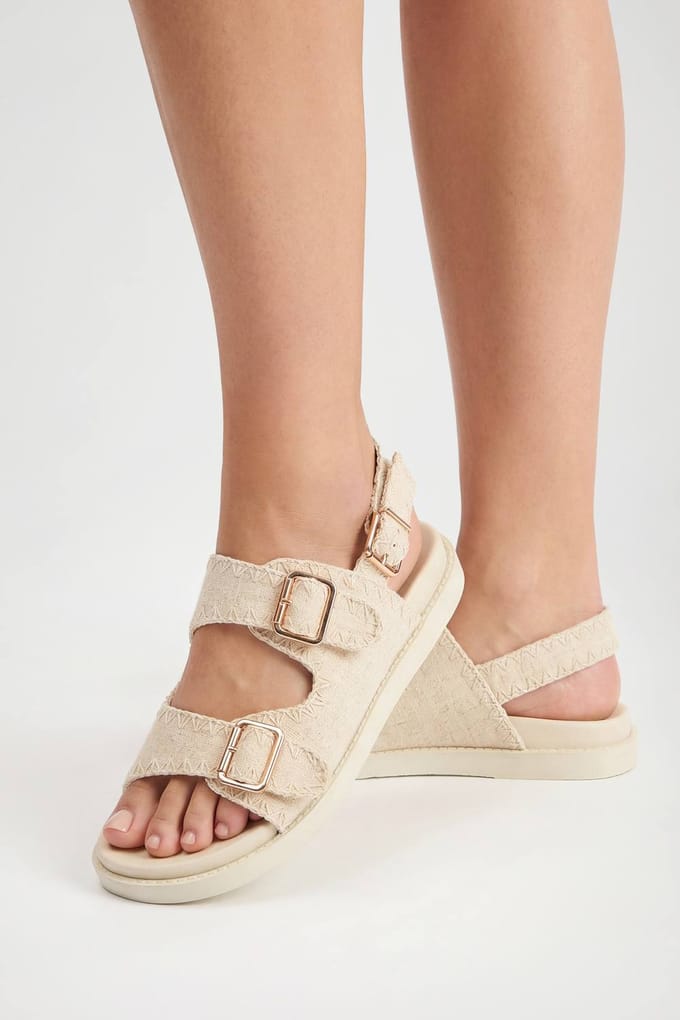 boohoo Dames Linnen Sandalen Met Dubbele Gesp | Natural | Maat: 41