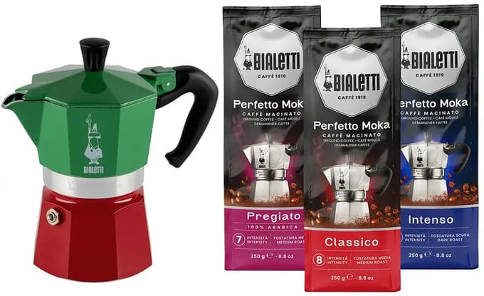 Bialetti Moka Express Italia 3 kops + Bialetti koffiepakket 3x250gr