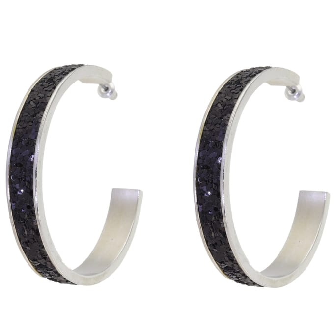 Behave - Oorringen glitter zwart - Zilverkleur - 5 cm