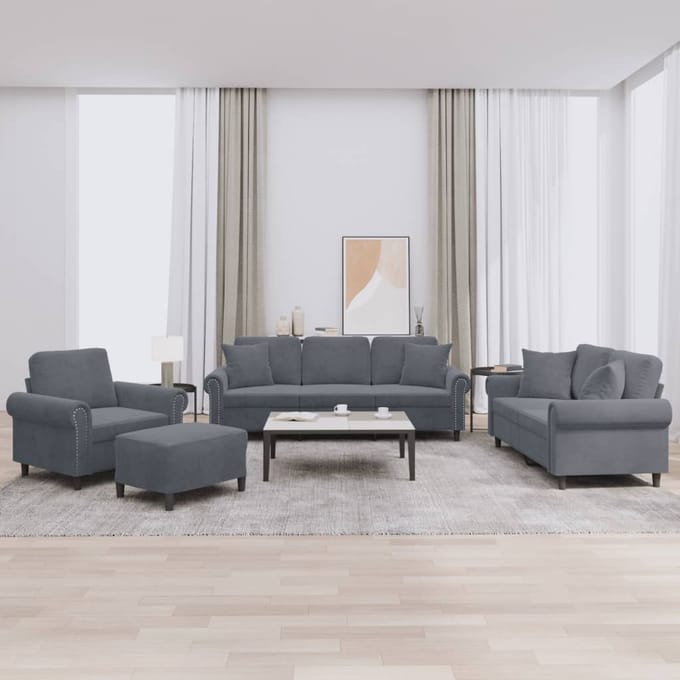 vidaXL - 4-delige - Loungeset - met - kussens - fluweel - donkergrijs